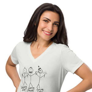 Donate $30 and get this "Loving God, Loving People, Loving Life" Women’s V-neck T-Shirt (light colors)